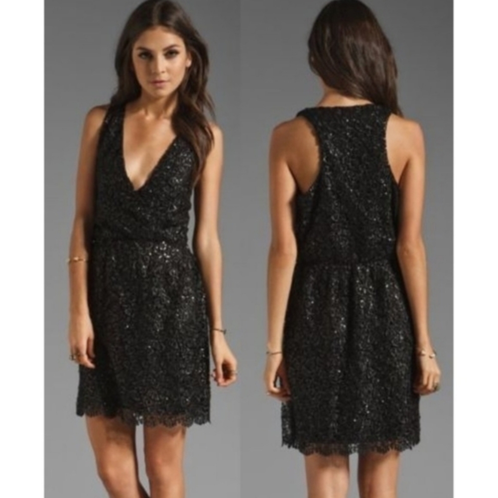 MM Couture by Miss Me Dress Black Allover Sequin Lace V Neck Sleeveless Mini LBD